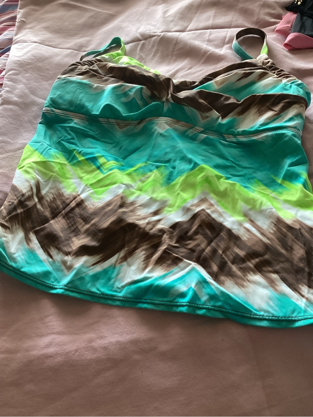 Kim Rogers Teal, Lime & Brown Patterned Women's Swim Tankini Top